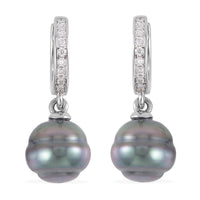 Tahitian Cultured Pearl and Moissanite Drop Earrings in Rhodium Over Sterling Silver 0.15 ctw