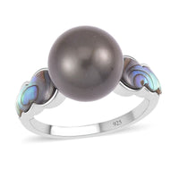 Tahitian Cultured Pearl 10-11mm, Abalone Shell Ring in Rhodium Over Sterling Silver