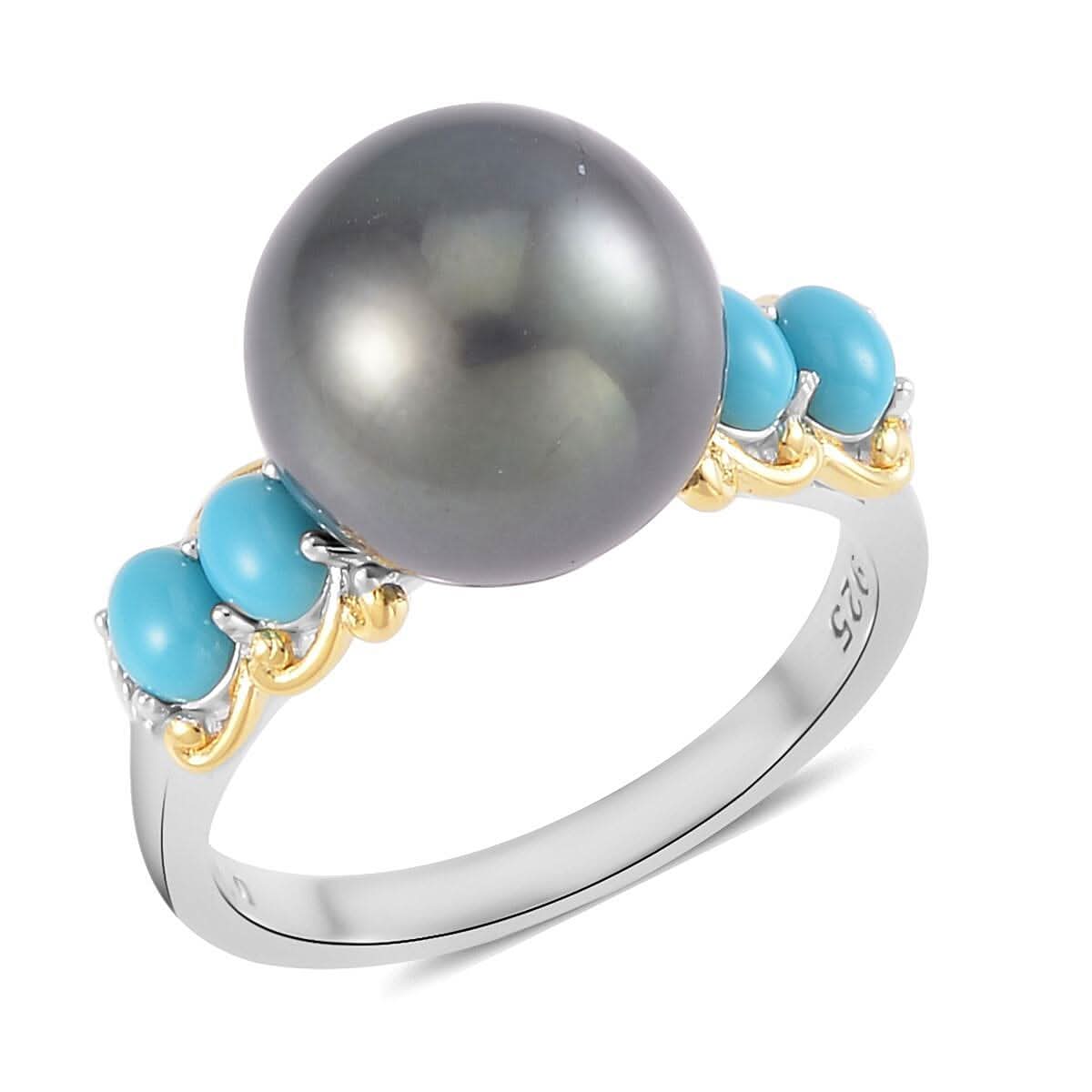 Tahitian Cultured Pearl 11-12mm and Sleeping Beauty Turquoise Vermeil YG and Rhodium Over Ring in Sterling Silver (Size 8.0) 0.50 ctw