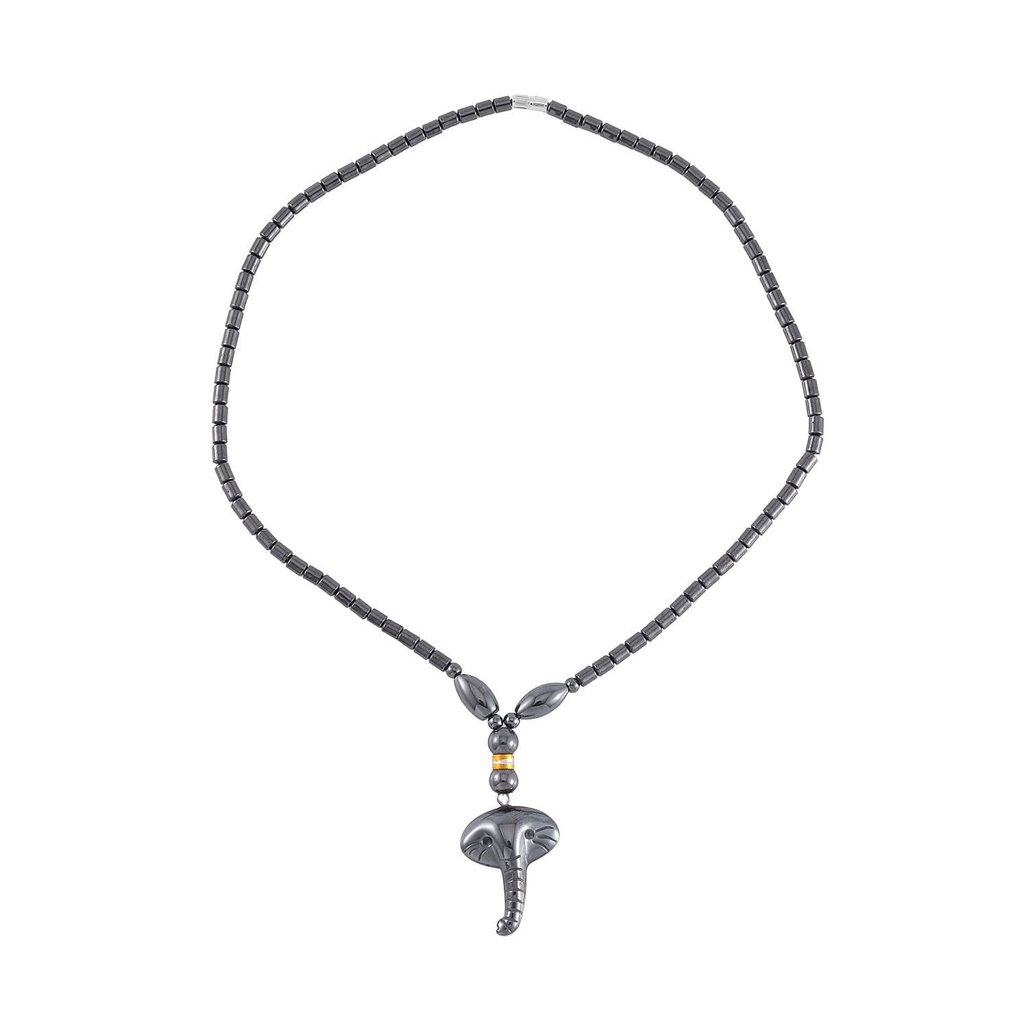 Hematite Elephant Pendant with Beaded Necklace (20 Inches) in Dualtone 100.00 ctw