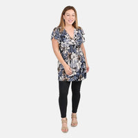 Tamsy Navy Floral Pattern Smocked Waist Tunic Top with Flutter Sleeve - One Size Fits Most