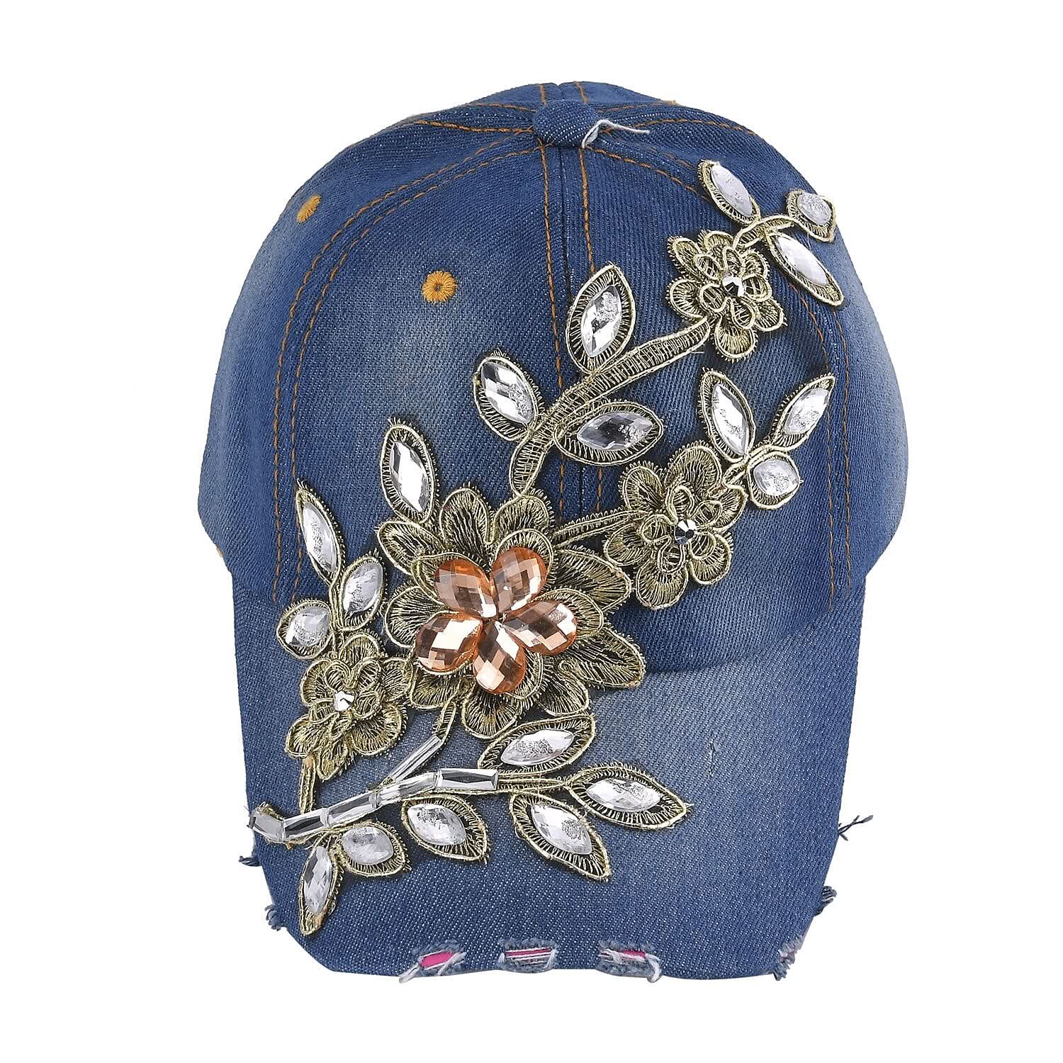 Silver Shinning Crystal and Big Lace Flower Cap with Velcro Fasteners (Adjustable Strap)