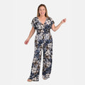 Tamsy Navy Floral Smocked Waist Jumpsuit with Flutter Sleeve - One Size Fits Most - Sticky add to cart bar