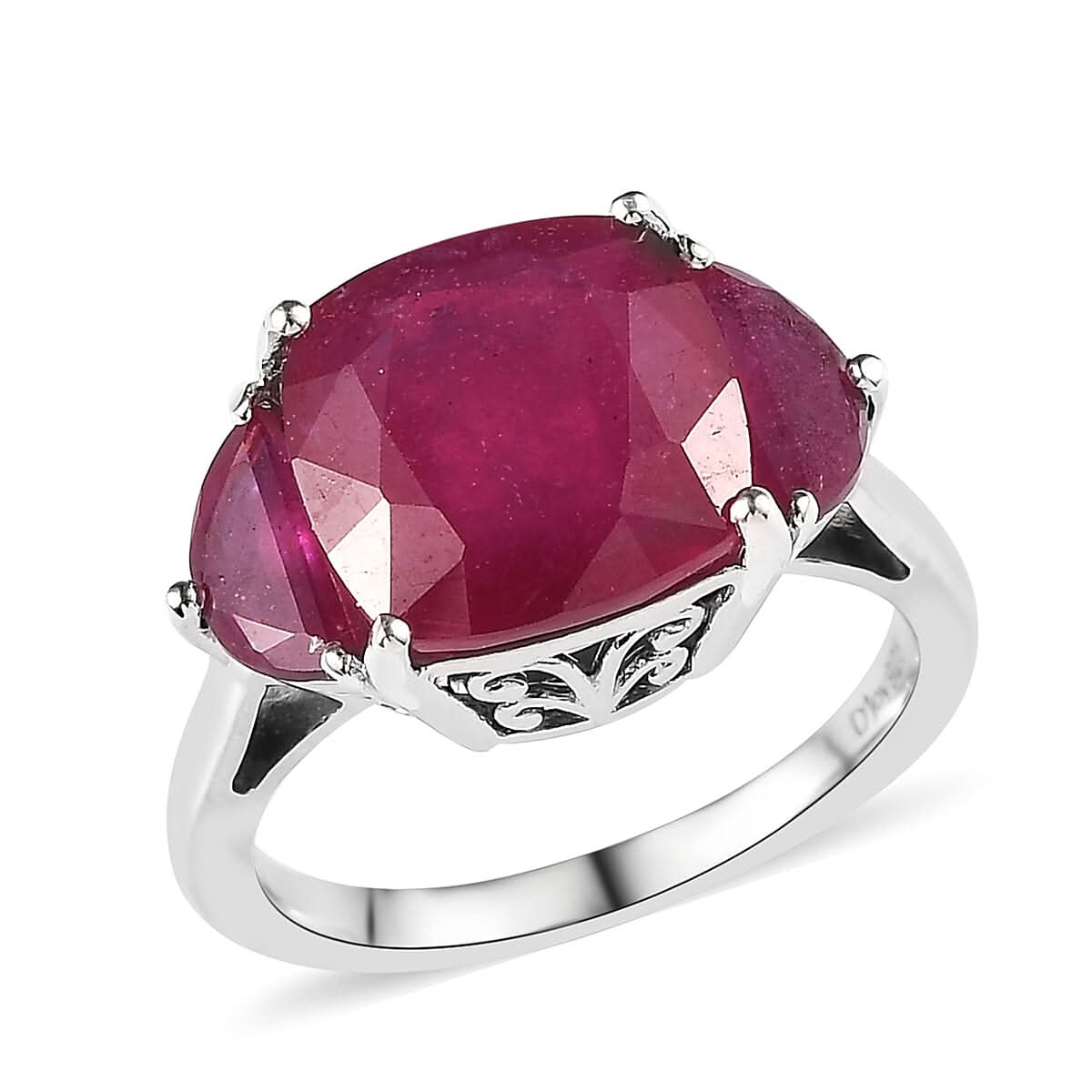 Niassa Ruby (FF) 3 Stone Ring in Platinum Over Sterling Silver (Size 10.0) 7.40 ctw
