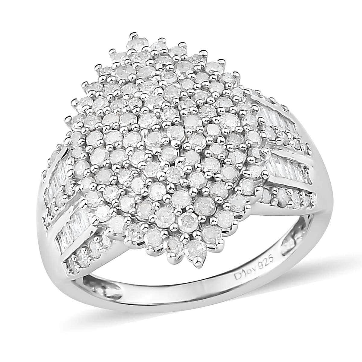 TLV Diamond Cluster Ring in Platinum Over Sterling Silver (Size 10.0) 2.00 ctw
