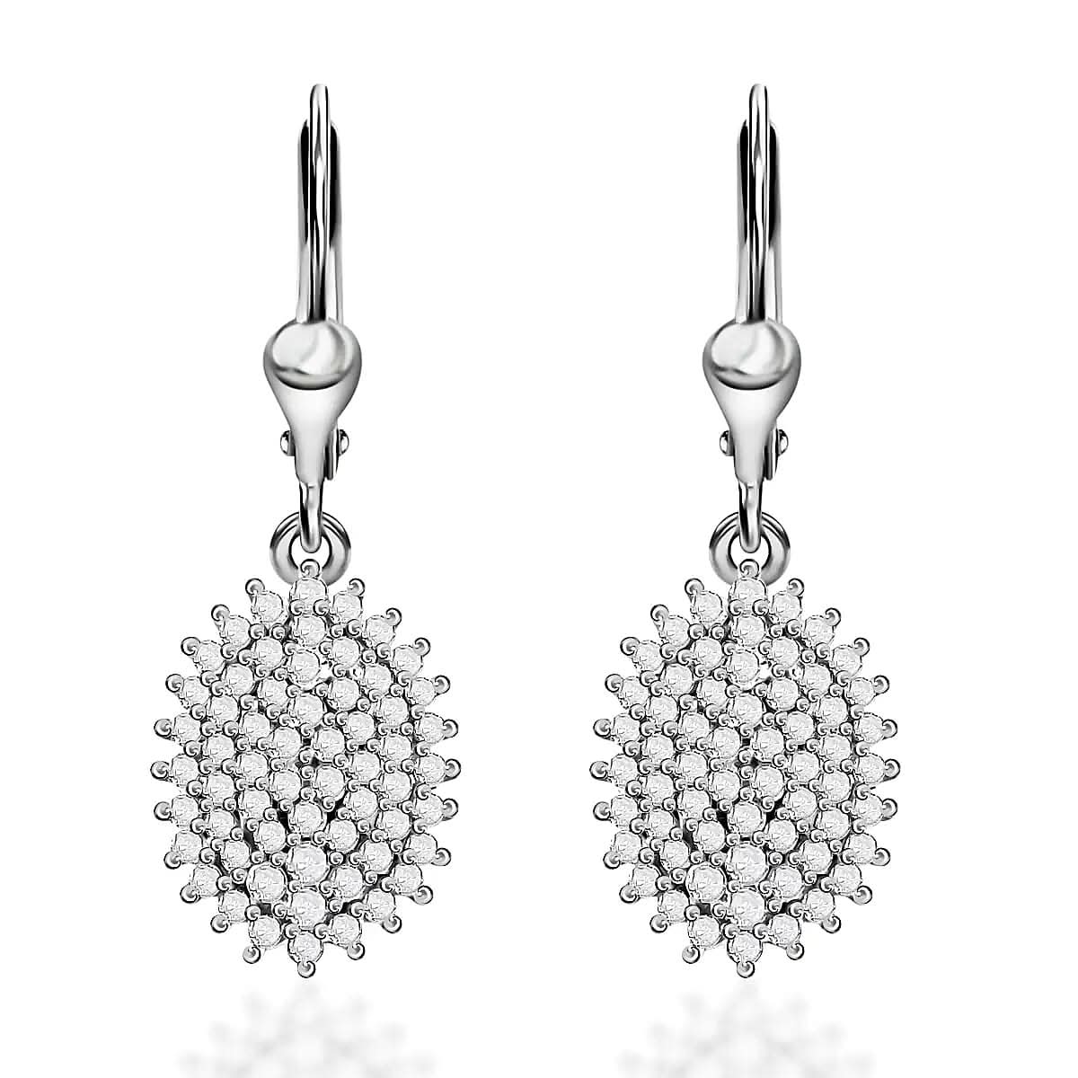 Diamond Lever Back Earrings in Platinum Over Sterling Silver 1.00 ctw