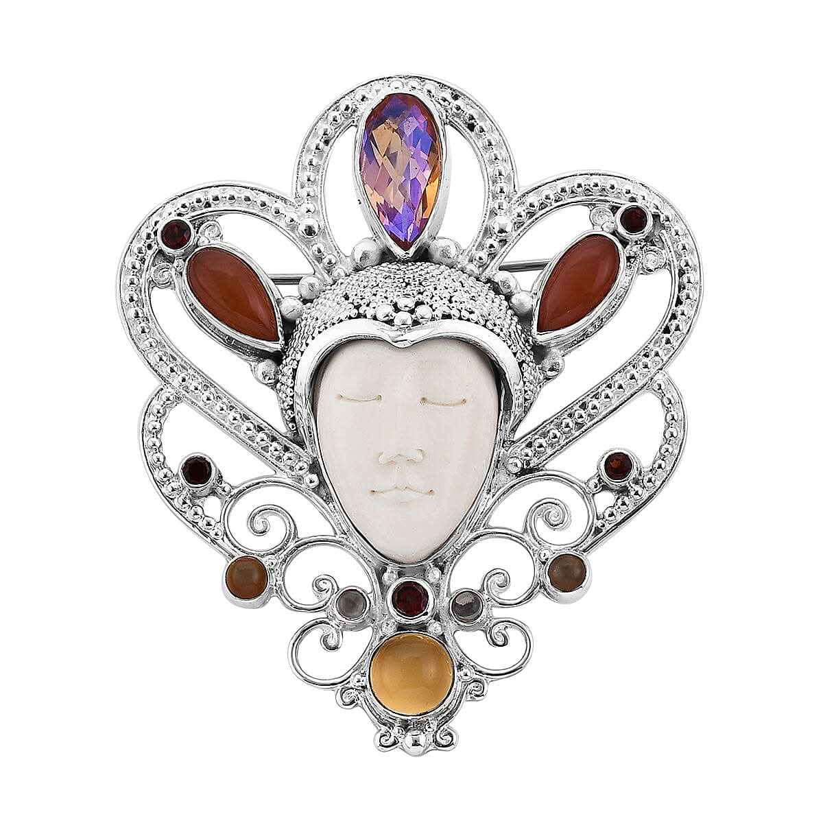 Sajen Silver Carved Bone and Multi Gemstone Pendant in Sterling Silver 12.85 ctw