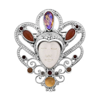 Sajen Silver Carved Bone and Multi Gemstone Pendant in Sterling Silver 12.85 ctw