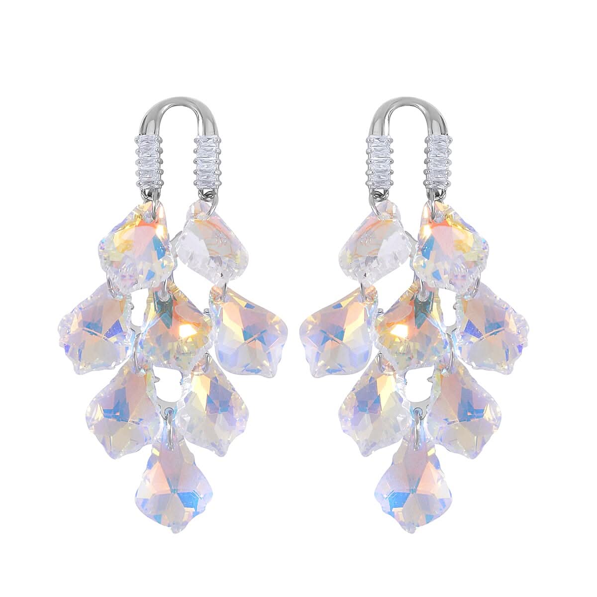 White Aurora Borealis Color Glass and White Austrian Crystal Earrings in Silvertone