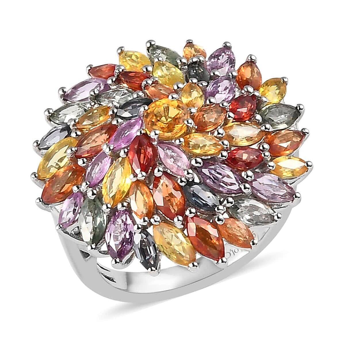 Multi Sapphire Floral Ring in Platinum Over Sterling Silver (Size 10.0) 6.85 ctw