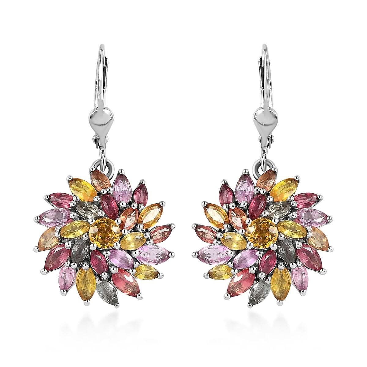 D'Joy Multi Sapphire Floral Earrings in Platinum Over Sterling Silver 6.65 ctw