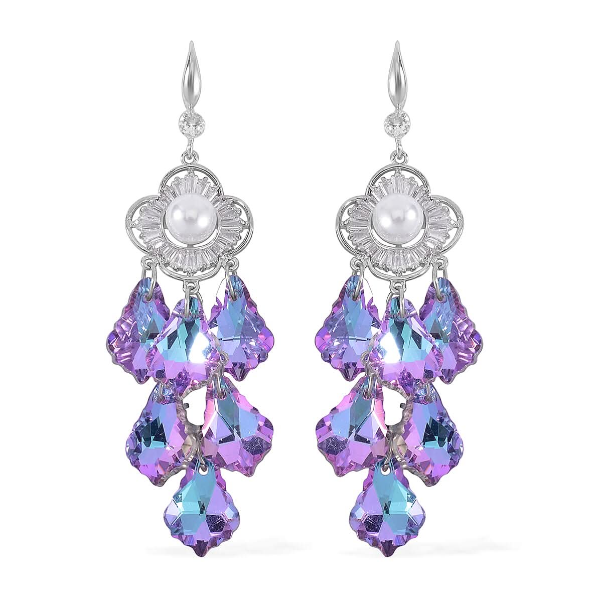 Purple Magic Color Glass, White Austrian Crystal and Simulated Pearl Earrings in Silvertone