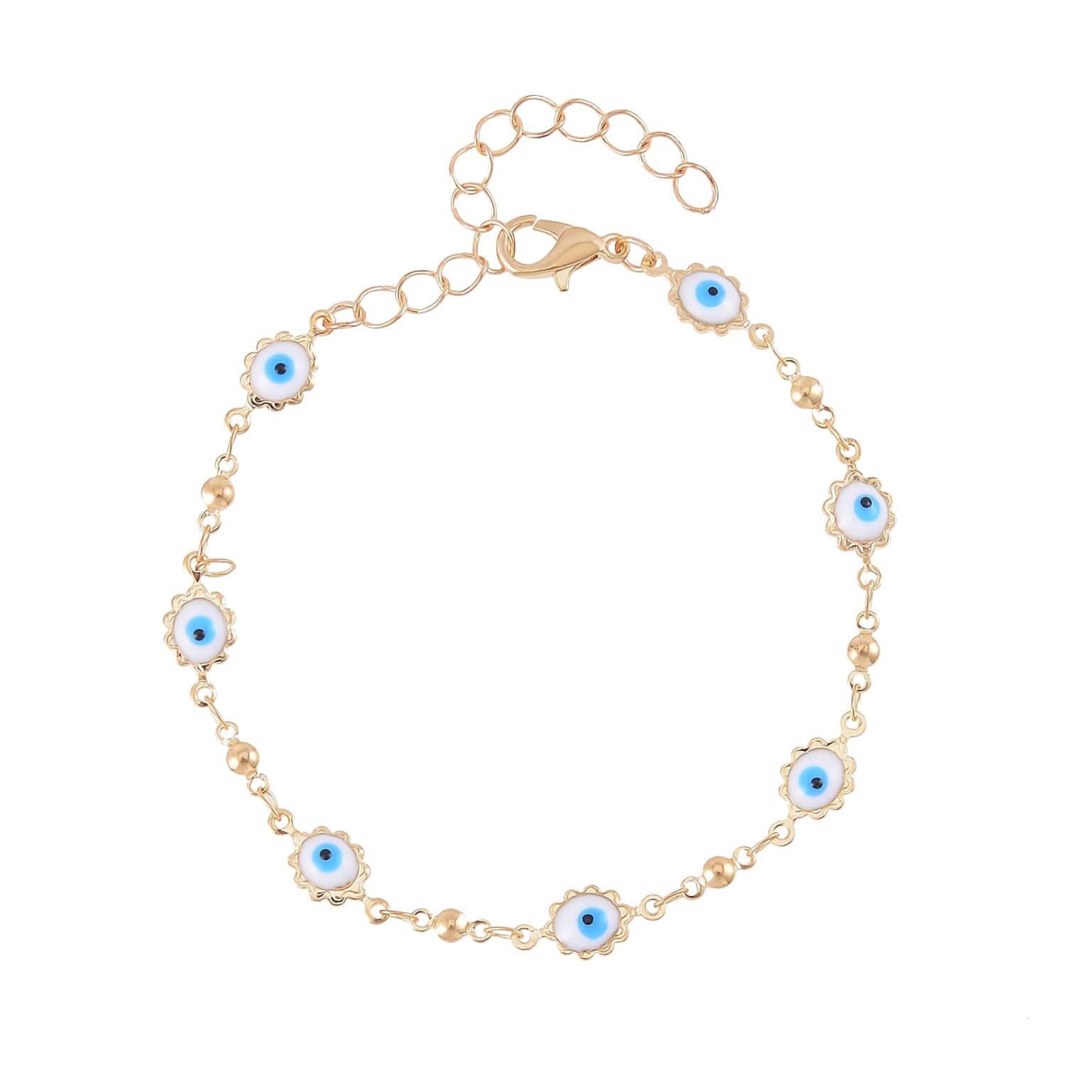 Multi Color Enameled Floral Evil Eye Protector Station Bracelet Anklet (7-9In) in Goldtone
