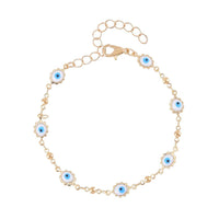 Multi Color Enameled Floral Evil Eye Protector Station Bracelet Anklet (7-9In) in Goldtone