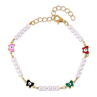 Simulated Pearl, Multi Color Enameled Evil Eye Protector Butterfly Bracelet (7-9In) in Goldtone