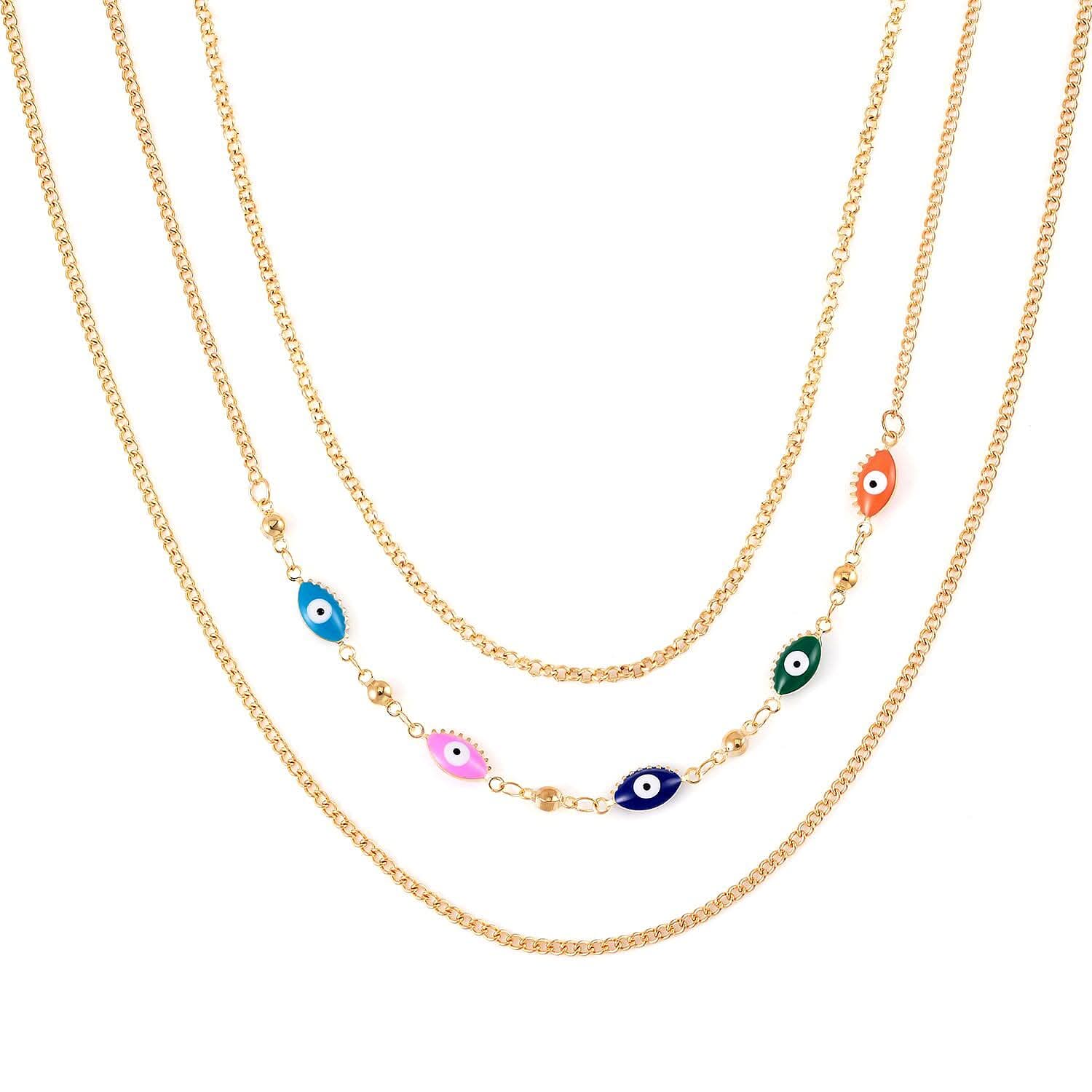 Multi Color Enameled Evil Eye Protector Station Necklace Layered Set 18-20 Inches in Goldtone