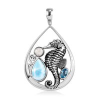 Sajen Silver Larimar and Multi Gemstone Seahorse Pendant in Platinum Over Sterling Silver 3.25 ctw