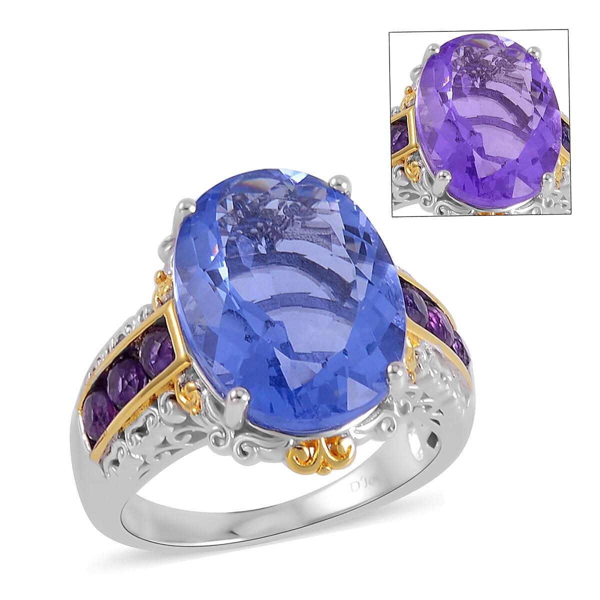Color Change Fluorite (IR) and Amethyst Ring in Vermeil Yellow Gold and Platinum Over Sterling Silver 11.40 ctw