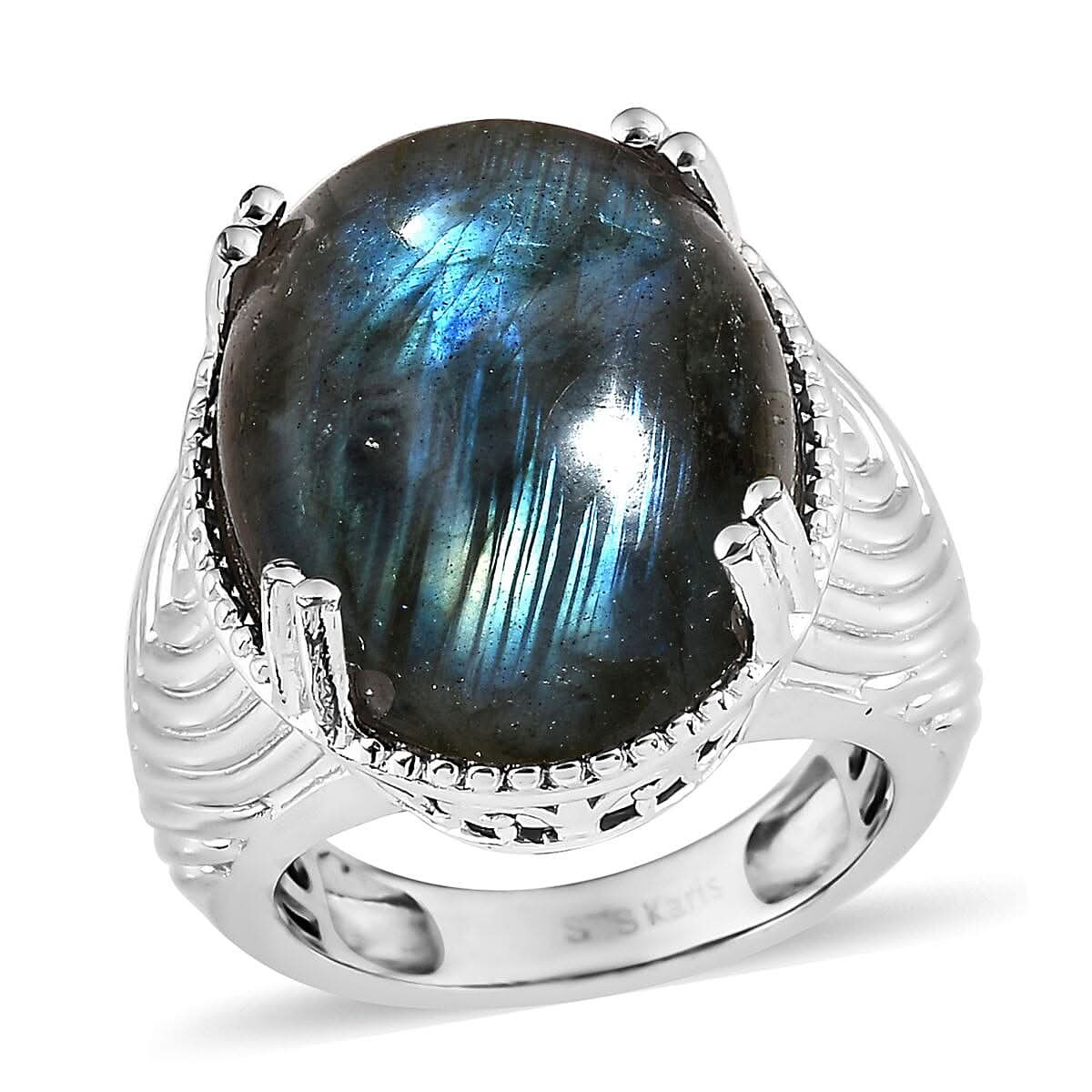 Karis Malagasy Labradorite Solitaire Ring in Platinum Bond 14.85 ctw