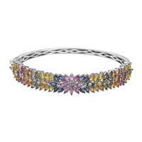 Multi Sapphire Floral Spray Bangle Bracelet in Platinum Over Sterling Silver (7.25 In) 14.15 ctw