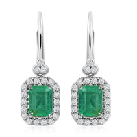 14K White Gold Emerald and G-H I2 Diamond Lever Back Earrings 2.10 ctw