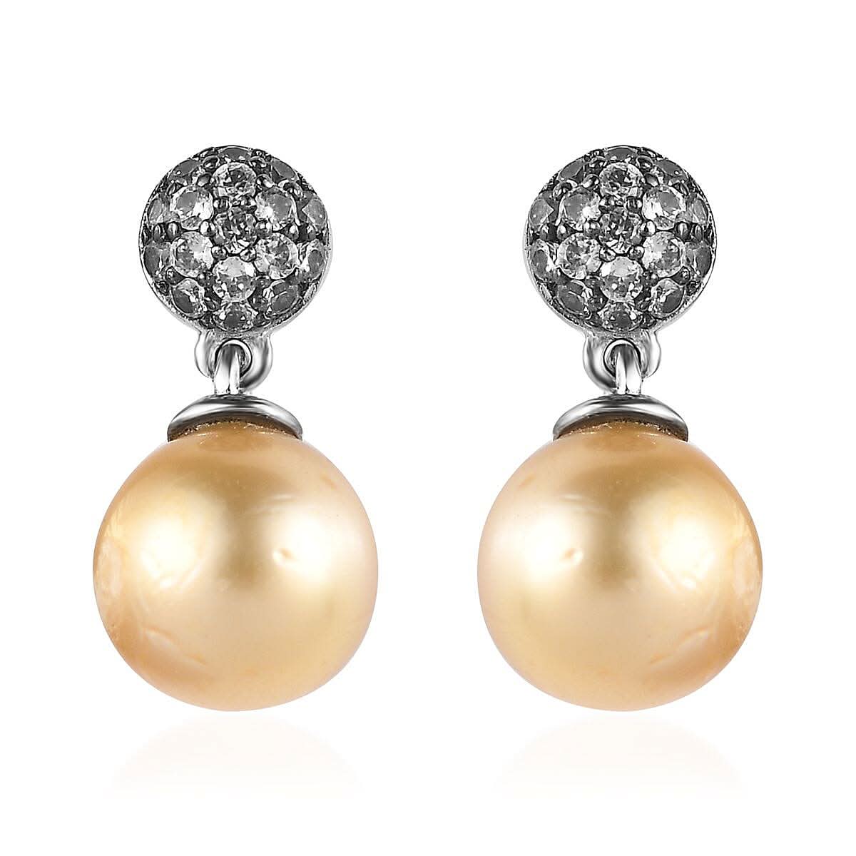 South Sea Golden Pearl and Brown Zircon Drop Earrings in Platinum Over Sterling Silver 0.50 ctw