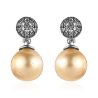 South Sea Golden Pearl and Brown Zircon Drop Earrings in Platinum Over Sterling Silver 0.50 ctw