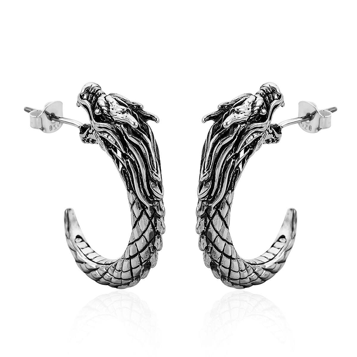 Bali Legacy Sterling Silver Dragon J-Hoop Earrings 10.65 Grams
