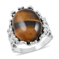 Tigers Eye Solitaire Ring in Rhodium Over Sterling Silver (Size 10) 15.00 ctw