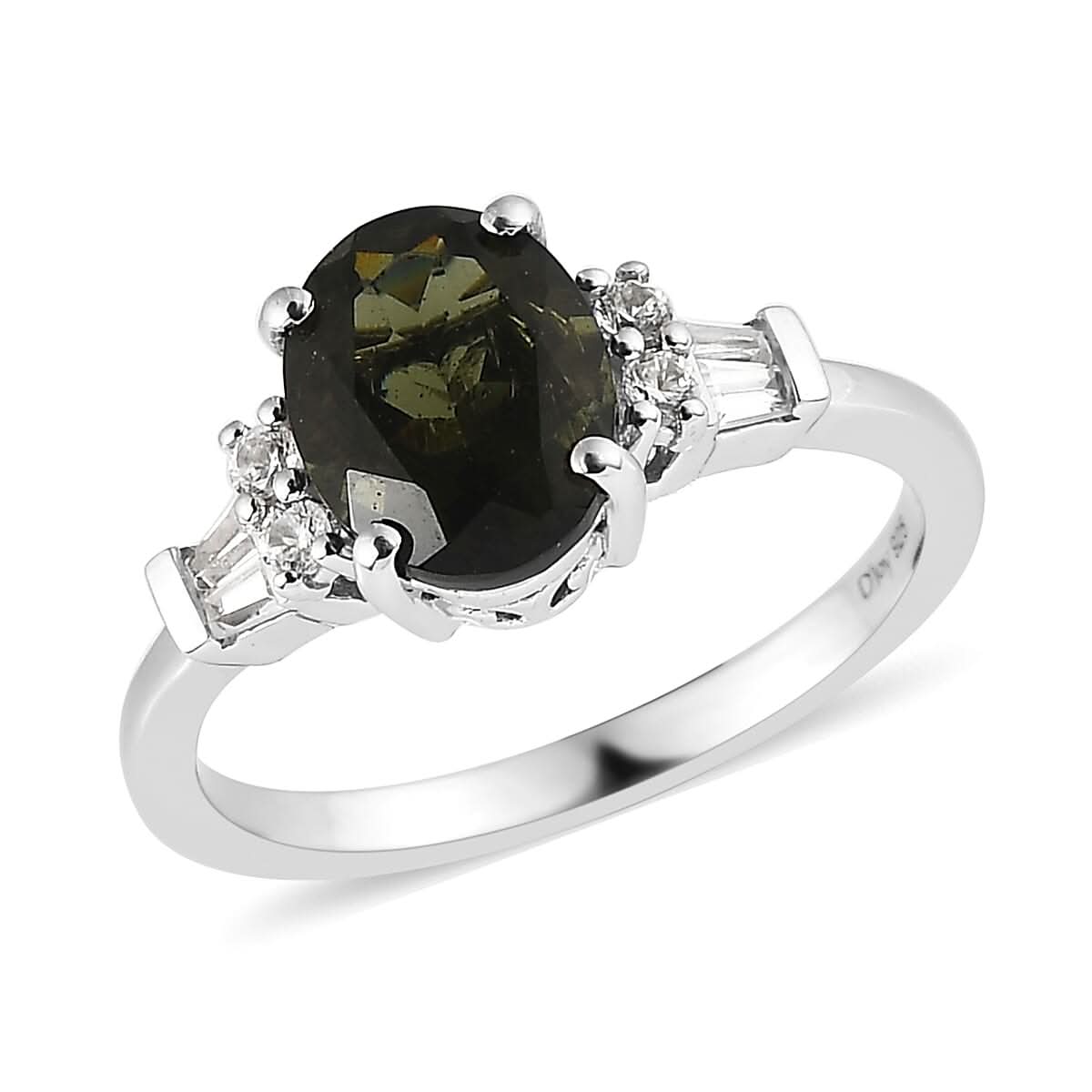 Premium Bohemian Moldavite and White Zircon Ring in Platinum Over Sterling Silver 1.85 ctw