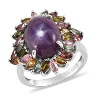 Premium Indian Star Ruby and Multi-Tourmaline Floral Ring in Platinum Over Sterling Silver (Size 10.0) 11.80 ctw