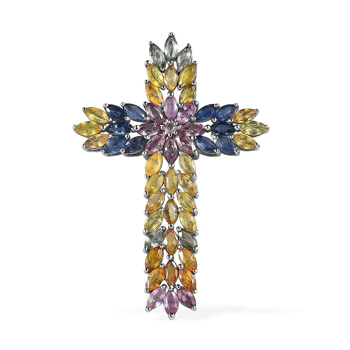 Multi Sapphire Floral Spray Cross Pendant in Platinum Over Sterling Silver 9.60 ctw
