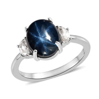 Blue Star Sapphire (DF) and White Zircon Ring in Platinum Over Sterling Silver 4.85 ctw