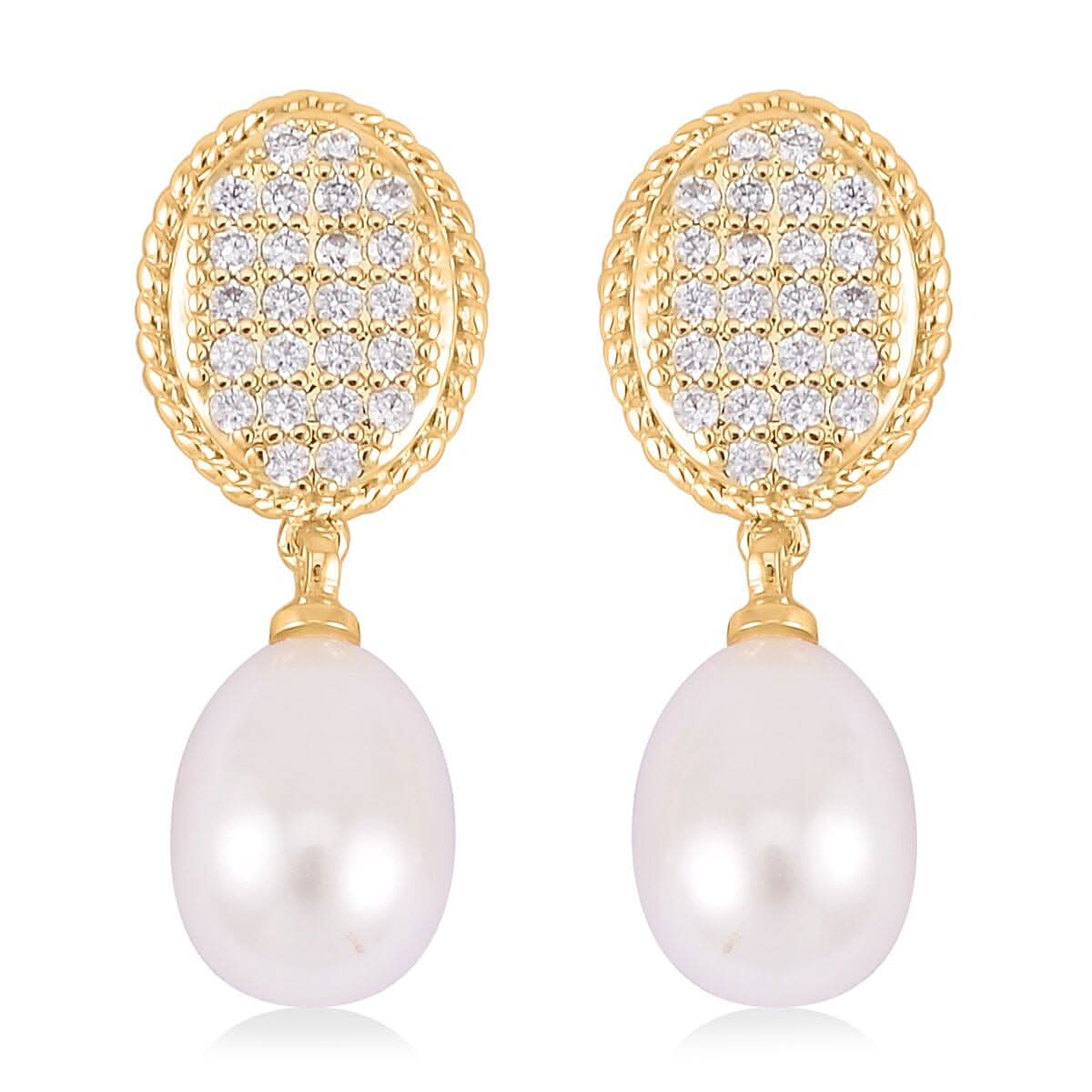 Freshwater Pearl and Simulated Diamond 0.10 ctw Drop Earrings in Goldtone