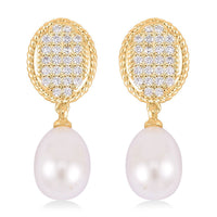 Freshwater Pearl and Simulated Diamond 0.10 ctw Drop Earrings in Goldtone