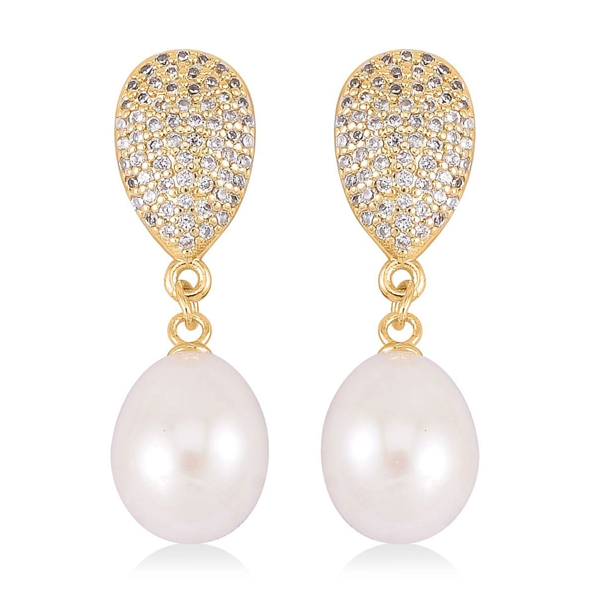 Freshwater Pearl and Simulated Diamond Drop Earrings in Goldtone 0.10 ctw