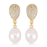 Freshwater Pearl and Simulated Diamond Drop Earrings in Goldtone 0.10 ctw