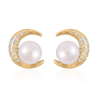 White Freshwater Pearl, Simulated Diamond Celestial Earrings in Goldtone 0.10 ctw