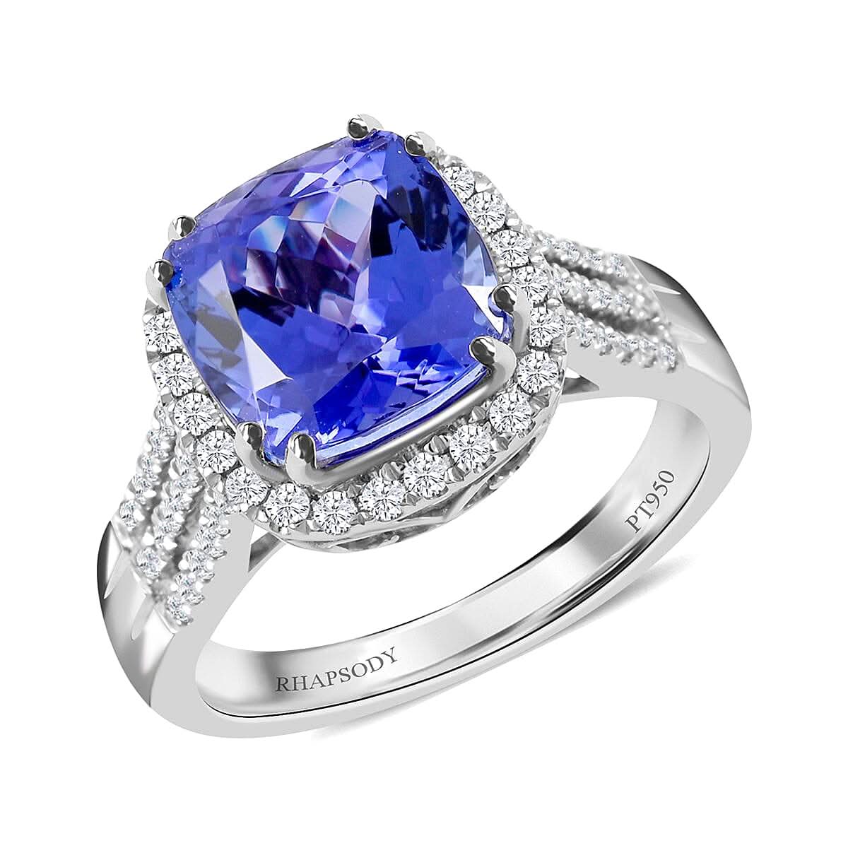 Certified and Appraised Rhapsody 950 Platinum AAAA Tanzanite and E-F VS Diamond Ring (Size 10.0) 8.75 Grams 3.85 ctw (Del. in 7-10 Days)