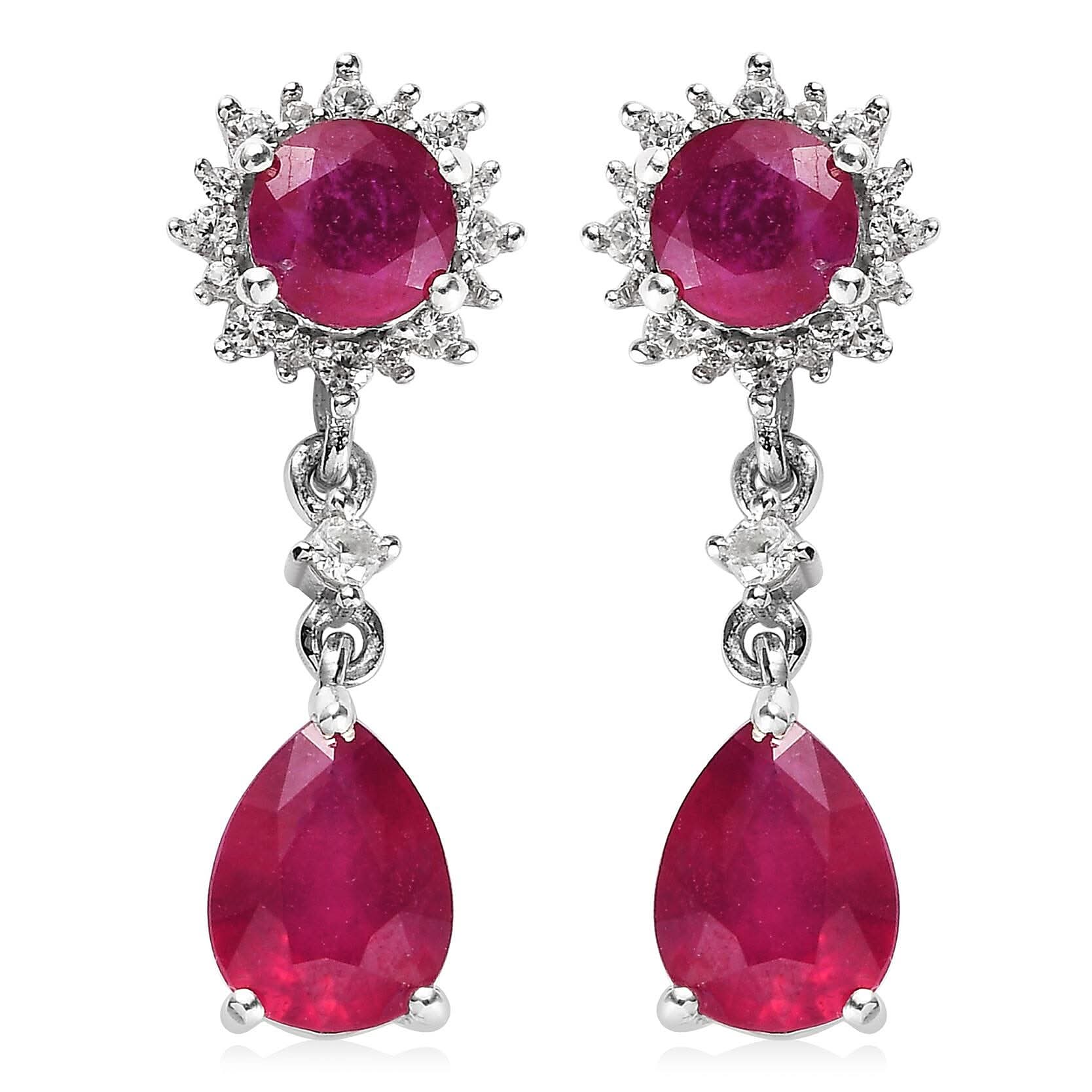 Niassa Ruby (FF) and White Zircon Dangle Earrings in Platinum Over Sterling Silver 4.65 ctw