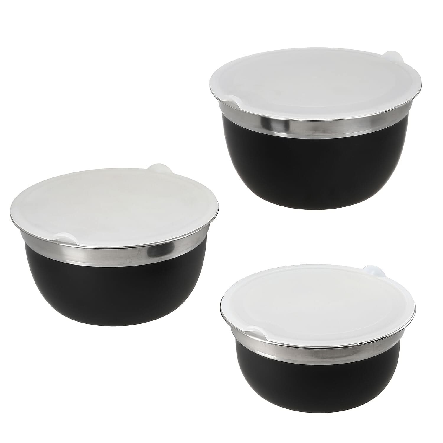 Set of 3 Black Stainless Steel German Bowl with Inside lid (7"x4", 6.3"x3.1", 5.5x2.6")