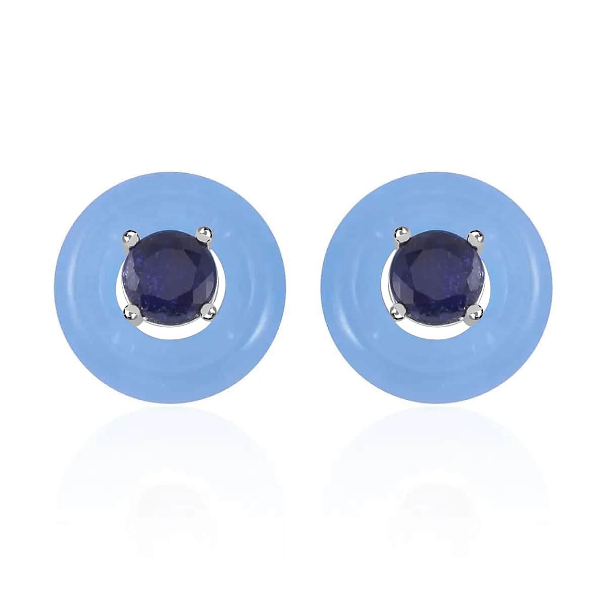 Blue Jade (D) and Masoala Sapphire Jacket Stud Earrings in Rhodium Over Sterling Silver 18.40 ctw