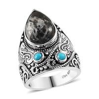Artisan Crafted White Buffalo and Sleeping Beauty Turquoise Ring in Sterling Silver 5.25 ctw