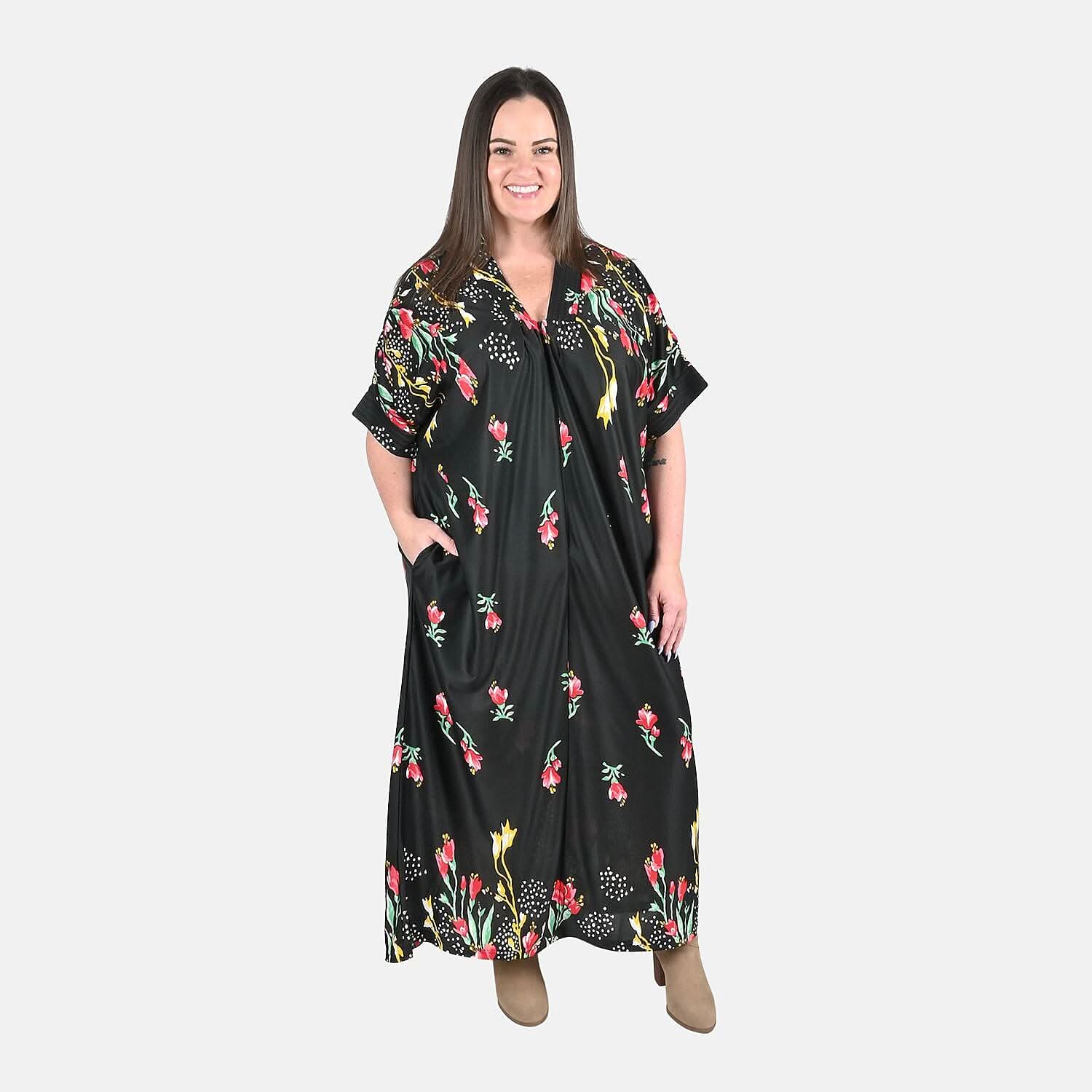Anthony Richards Black Multi Floral Zip Front House Dress - One Size Fits up to XXL