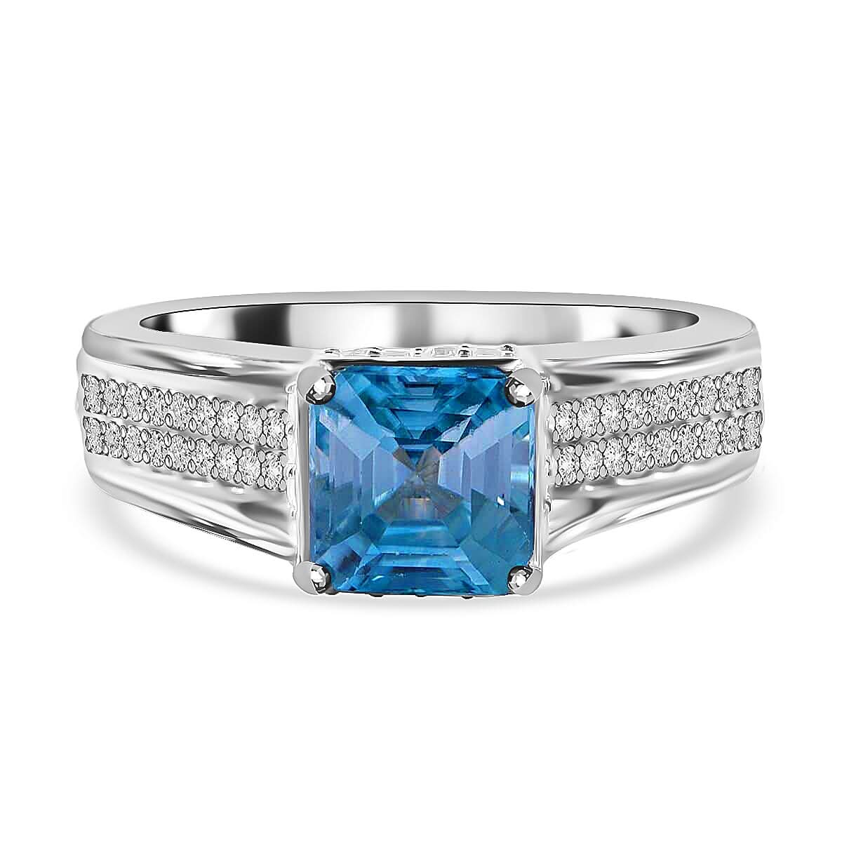 Doorbuster Premium Blue Zircon, White Zircon Ring in Platinum Over Sterling Silver (Size 10.0) 2.85 ctw
