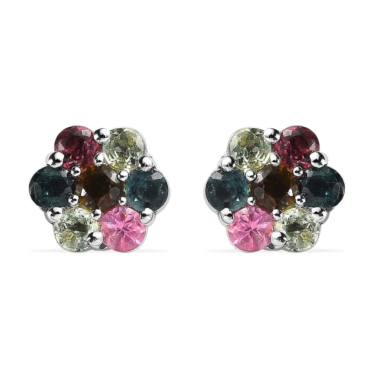 Multi-Tourmaline Floral Stud Earrings in Platinum Over Sterling Silver 1.00 ctw