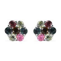 Multi-Tourmaline Floral Stud Earrings in Platinum Over Sterling Silver 1.00 ctw