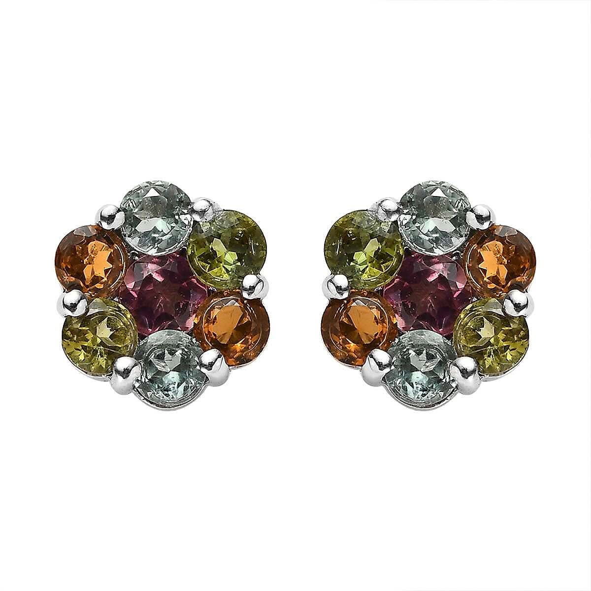 Multi-Tourmaline Floral Stud Earrings in Platinum Over Sterling Silver 1.70 ctw
