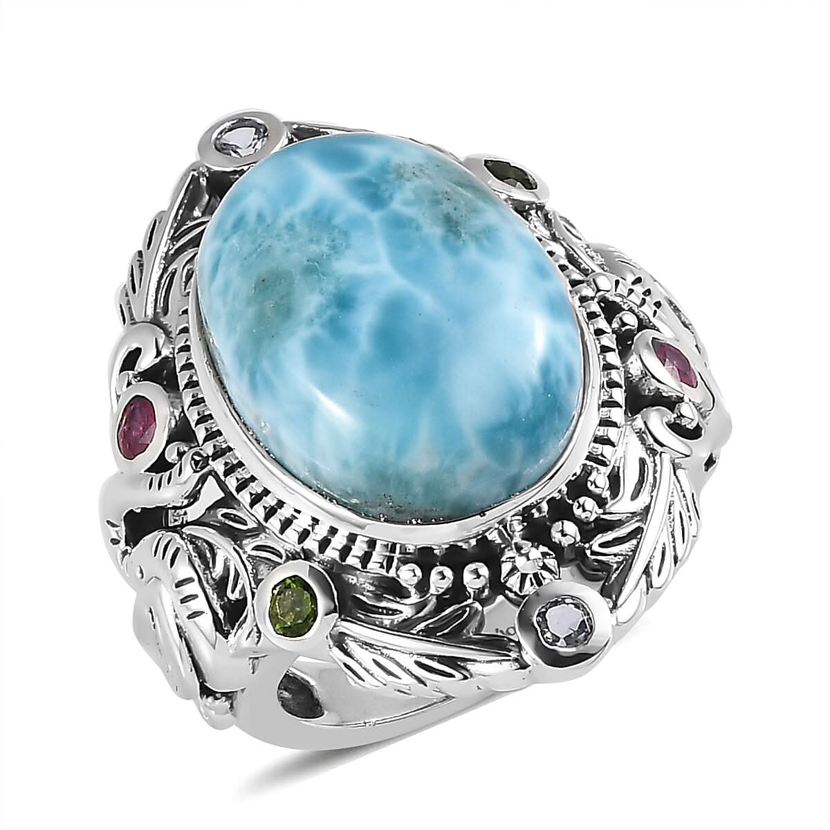 Artisan Crafted Larimar and Multi Gemstone Ring in Sterling Silver 12.10 ctw