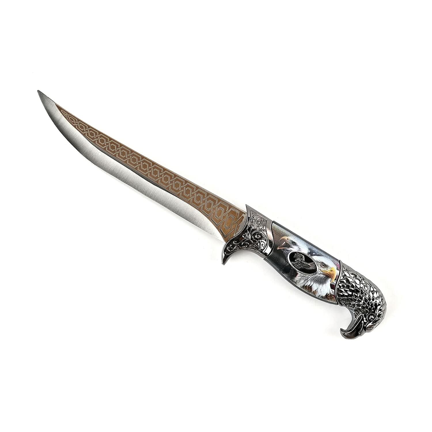 Dark Silver Outdoor Hunting Knife Stainless Steel Blade 6.6" and Scabbard Handle with Eagle Head Pommel